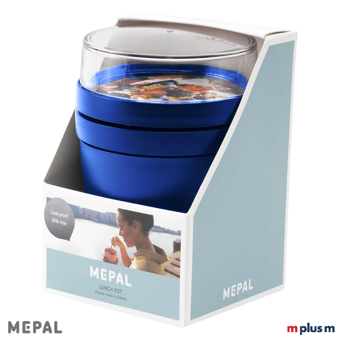 Mepal Ellipse Lunchpod in Blau Verpackung Der Mepal Müslibecher kommt als Werbeartikel in hochwertiger Einzelverpackung