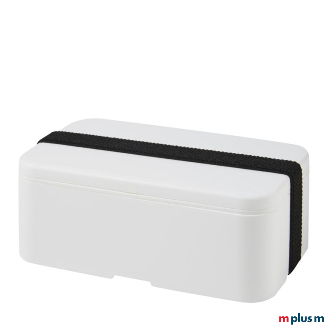 Die nachhaltige Lunchbox 'Miyo' in der Farbkombination: Box weiss und Recycling-Band Schwarz als Werbeartikel bedrucken