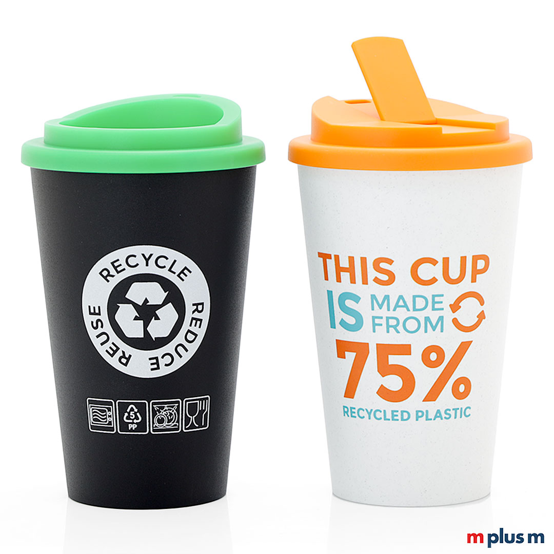 Nachhaltiger Kaffeebecher aus Recycling Kunststoff. Isolierter Thermobecher mit Rundum Logo Druck