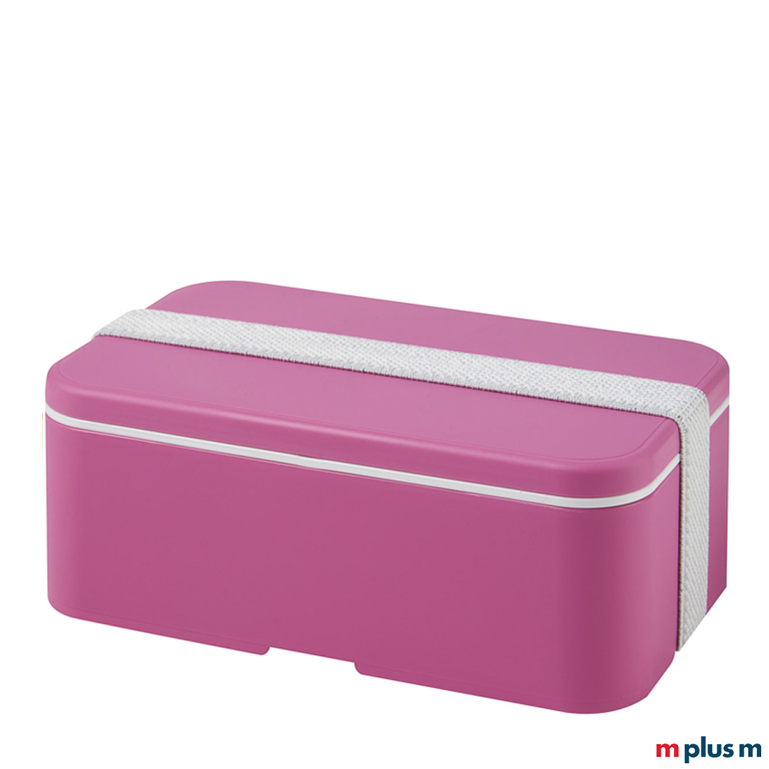 Die nachhaltige Lunchbox 'Miyo' in der Farbkombination: Box Magenta und Recycling-Band Weiß als Werbeartikel bedrucken