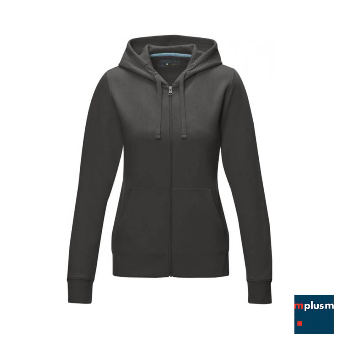 Dunkelgrauer-Ziphoodie-fur-Frauen-mit-eigener-Werbung-gestalten-RE Graue Sweatjacke als Werbeartikel individualisieren