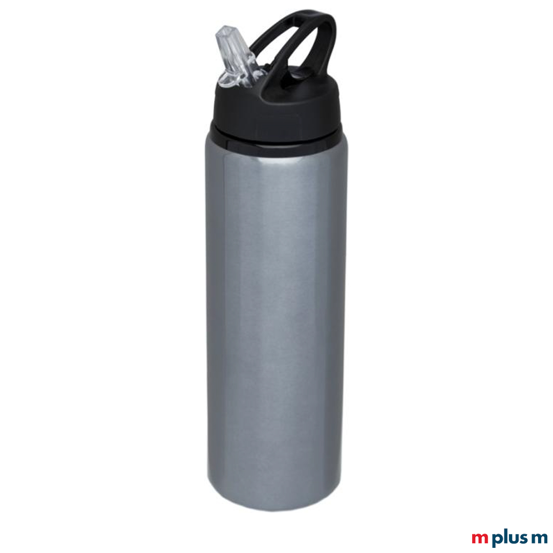 Alu Sortflasche in der Variante Grau mit Schraubdeckel und Klappdeckel-Trinköffnung für eine leichte einhändige Benutzung