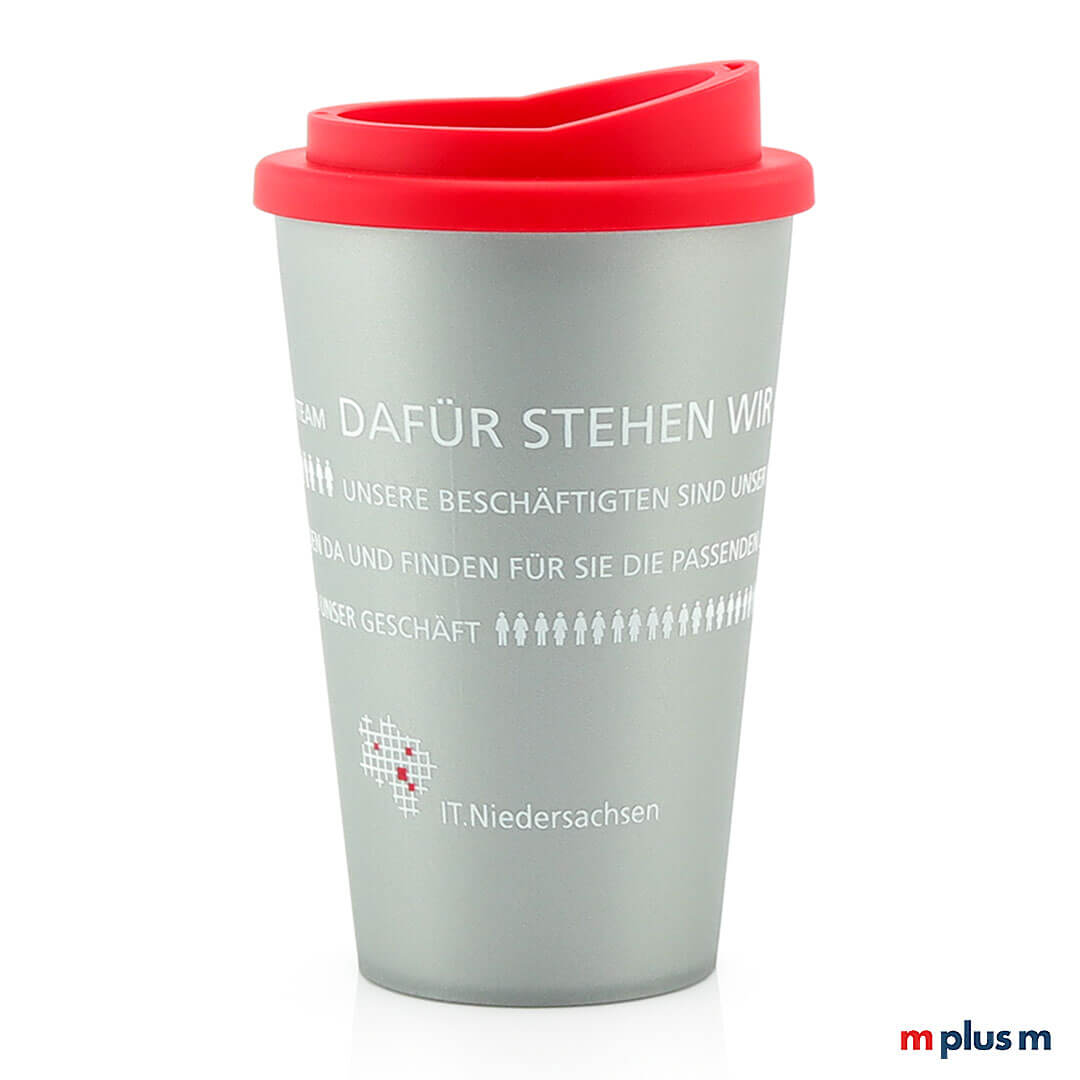 Coffee-To-Go-Becher-zweifarbig-bedrucken Nachhaltiger Coffee To Go Thermobecher aus recycelbarem Kunststoff in silber. Hergestellt in Europa und spülmaschinenfest mit 2c Motiv bedrucken.