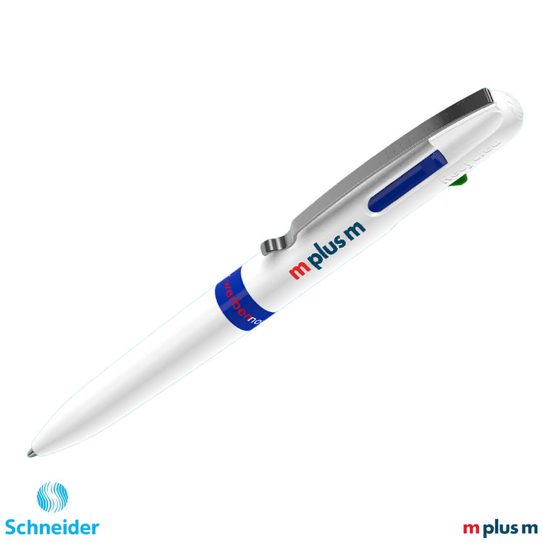 Schneider Take 4 Promo Kugelschreiber aus 92 Prozent recyceltem Kunststoff gefertigt, nachhaltiger Vierfarb-Kugelschreiber funktional mit Logo Druck personalisieren