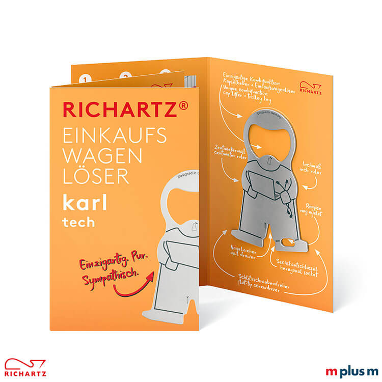 Klappkarte mit Einkaufswagenlöser karl tech Als Standardmotiv oder auch individuell zu bedrucken: Die Klappkarte beim Einkaufswagenlöser karl tech