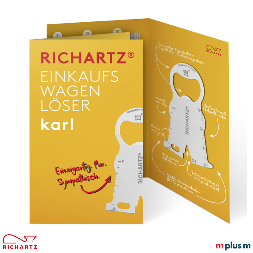 Personalisierbare Klappkarte bei Einkaufswagenlöser karl als Streuartikel Praktisches Giveaway und auch Mailing-geeignet: Der Einkaufswagenlöser karl mit der gestaltbaren Klappkarte