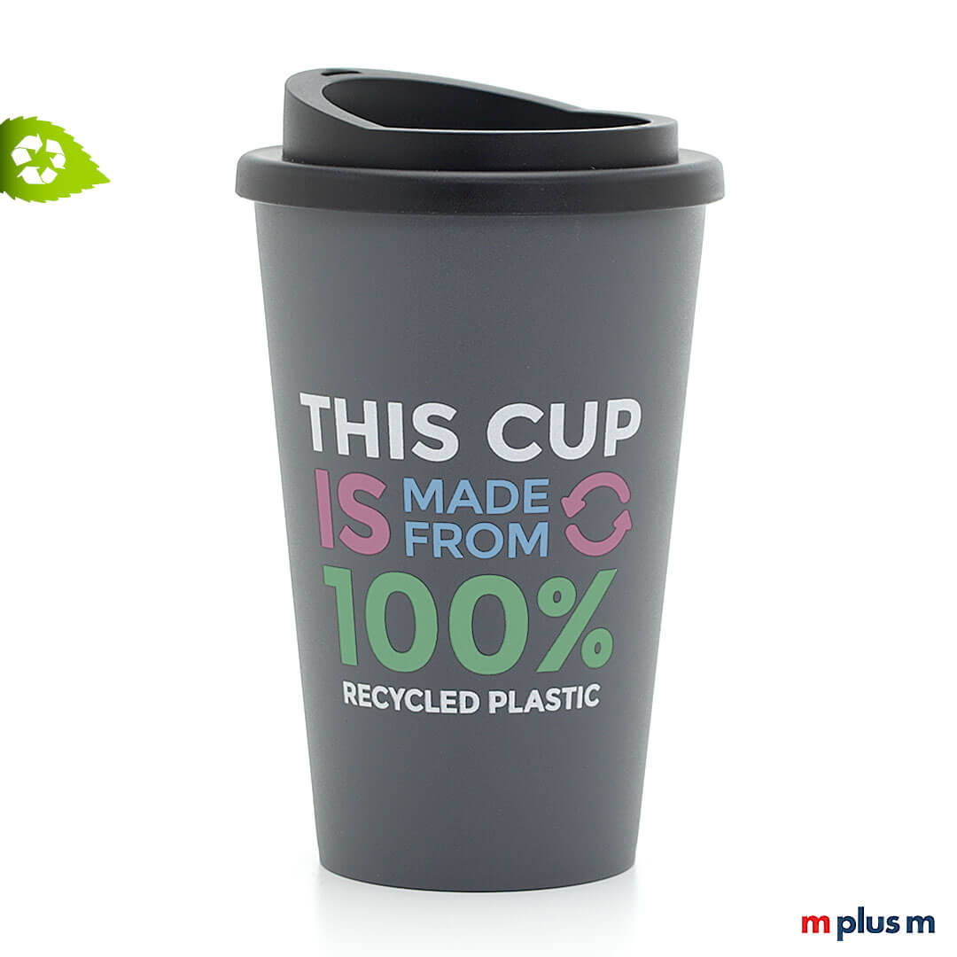Nachhaltiger Coffee Shop Thermobecher in Farbe grau mit 4c Druck