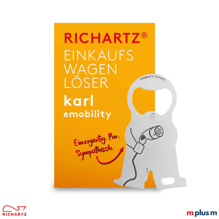 Klappkarte und karl e mobility als Giveaway Die Klappkarte mit dem Standardmotiv als Einzelverpackung für den Einkaufswagenlöser und Schlüsselanhänger karl e mobility ist im Preis enthalten