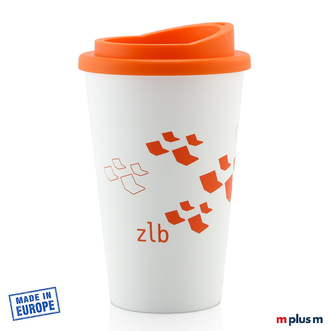 Nachhaltiger Coffee2Go Thermobecher aus Europa in Fareb weiss und spülmaschinenfest zum Logo zu bedrucken. 100% recyclebar.