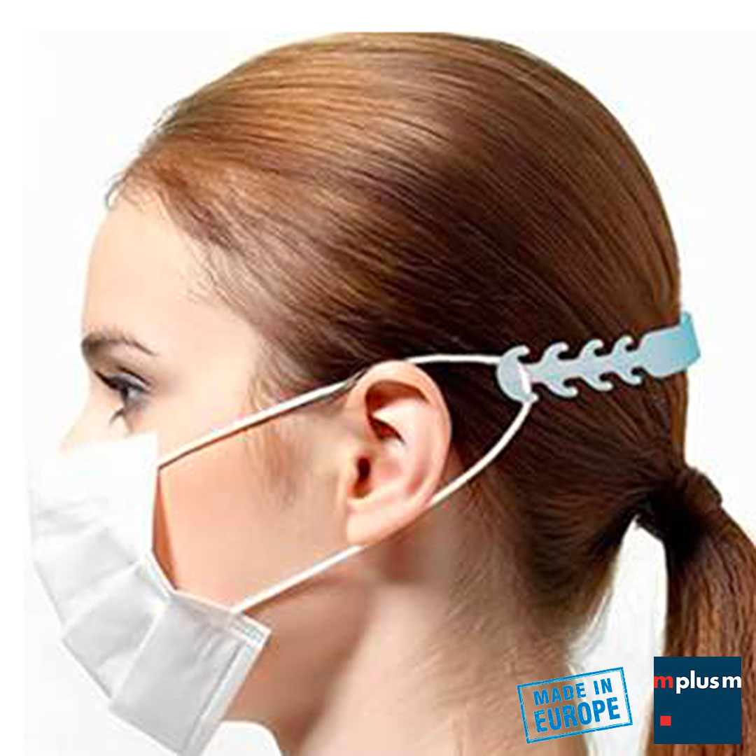 Maskenhalter und Größenverstellung für Mundschutz oder Gesichtsmaske mit Ohrenschlaufen mit einfachen Clip. Aus Europa und mit Logo zu bedrucken.