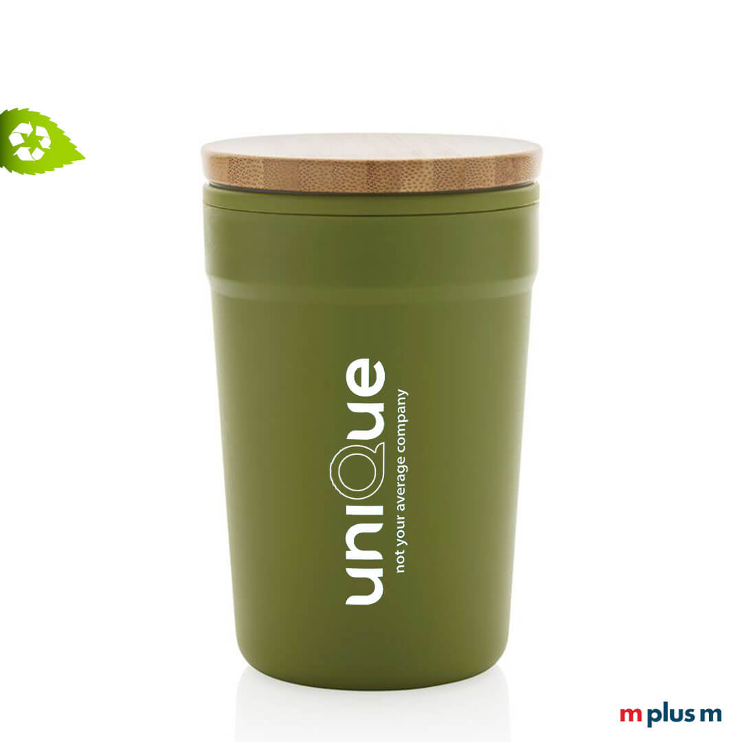 Recycling-Kaffeebecher-Portland-Gruen-bedrucken Nachhaltiger Recycling Kaffeebecher aus GRS zertifiziertem PP-Kunststoff mit Bambusdeckel