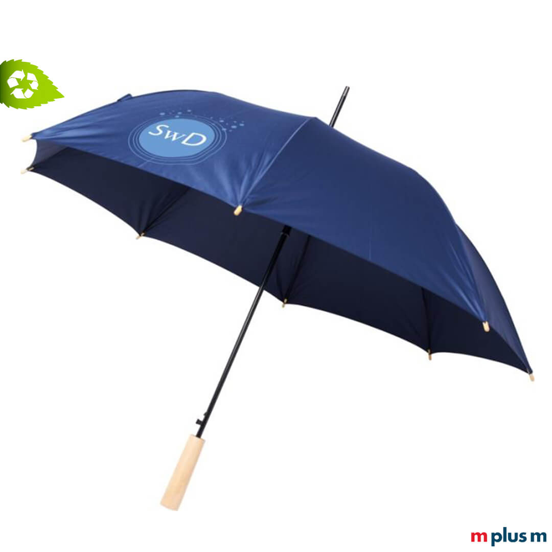 Nachhaltiger-Regenschirm-aus-recycling-PET-individuelles-Logo-als-Werbeartikel Umweltfreundlichen Regenschirm mit eigenem Logo bedrucken.