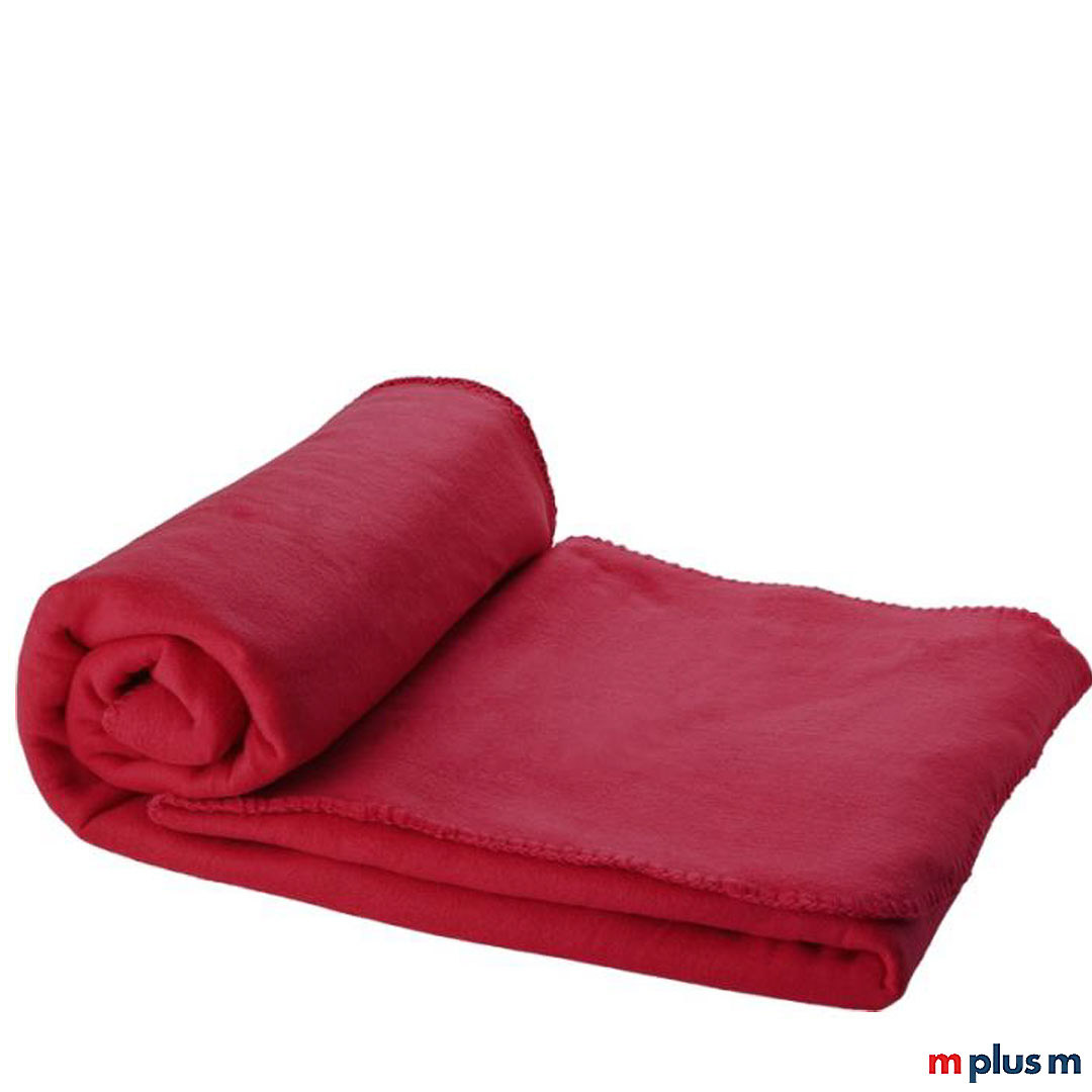 Die rote 'Huggy' Decke besteht aus weichem und bequemem Polarfleece. Ab einer Menge von 50 Stück können Sie die Decke bedrucken lassen
