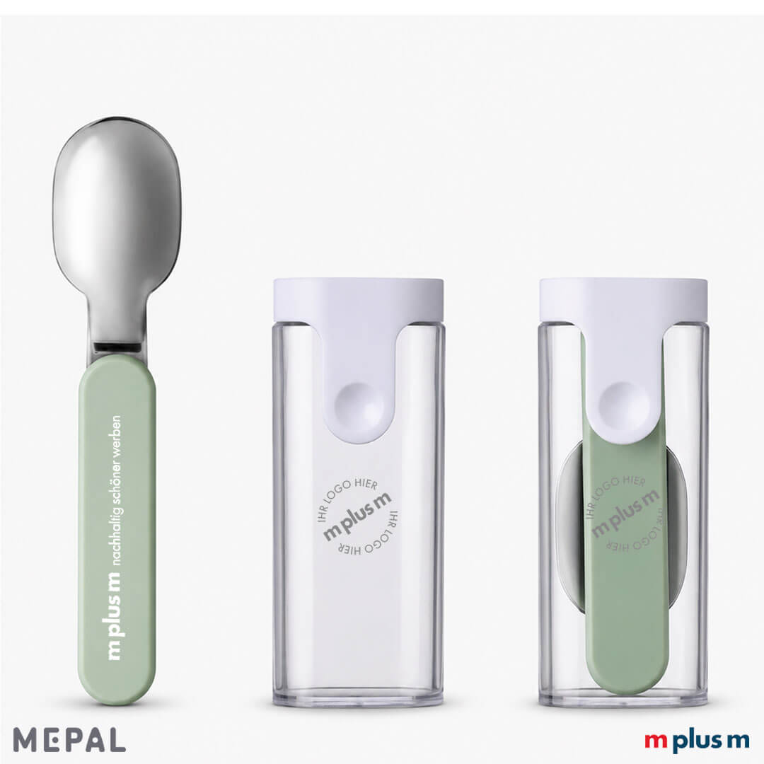 Faltbarer Mepal Ellipse Klapplöffel in Nordic Sage (Grün) mit Loghodruck