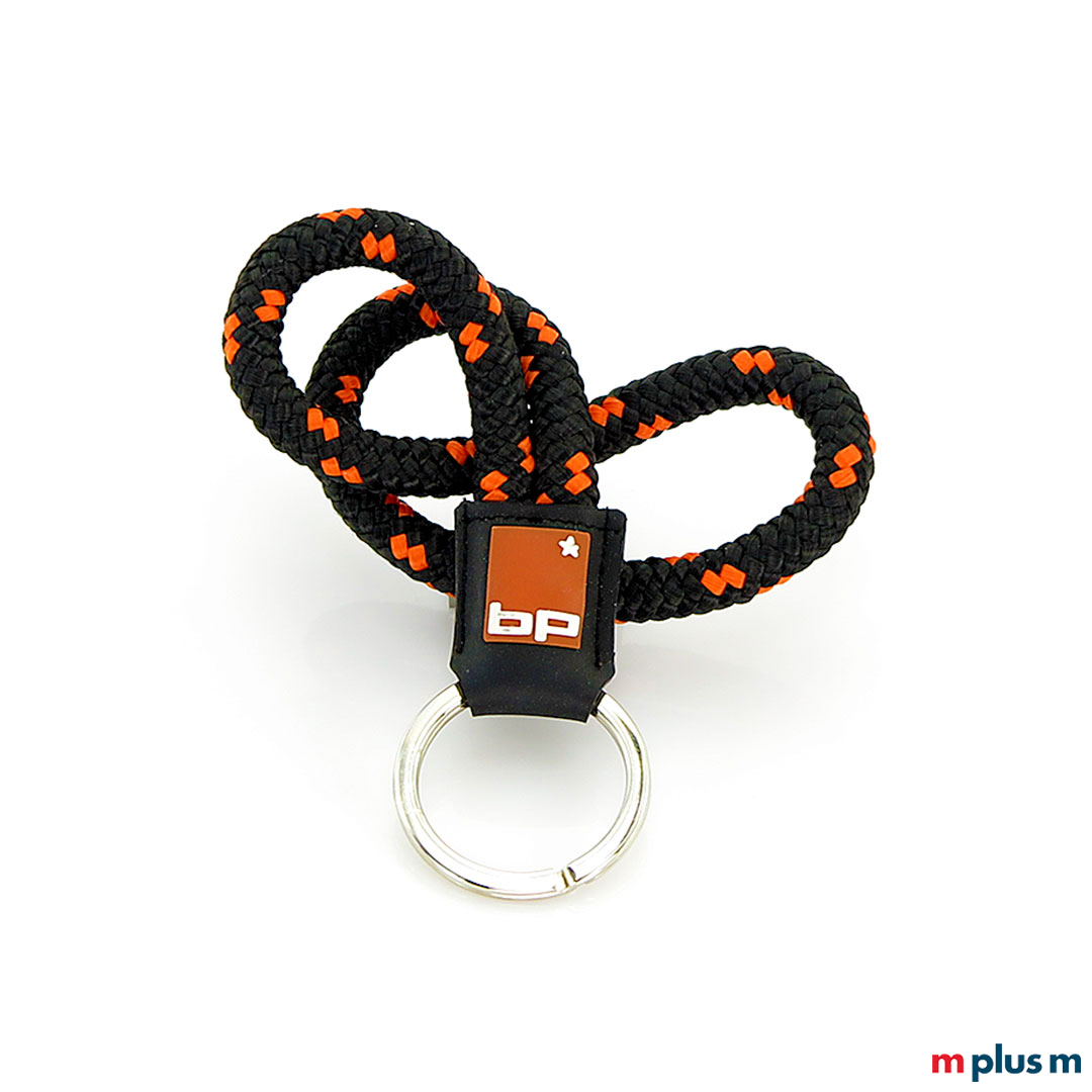 Schwarz-orangener Schlüsselanhänger mit Logo bedruckt
