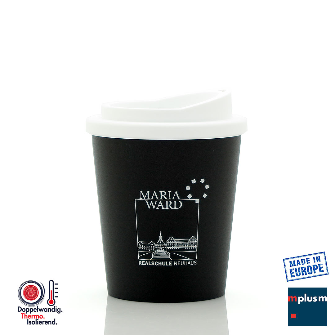 Kaffeebecher für die Maria Ward Realschule. Mit Logo bedruckt. Aus Europa