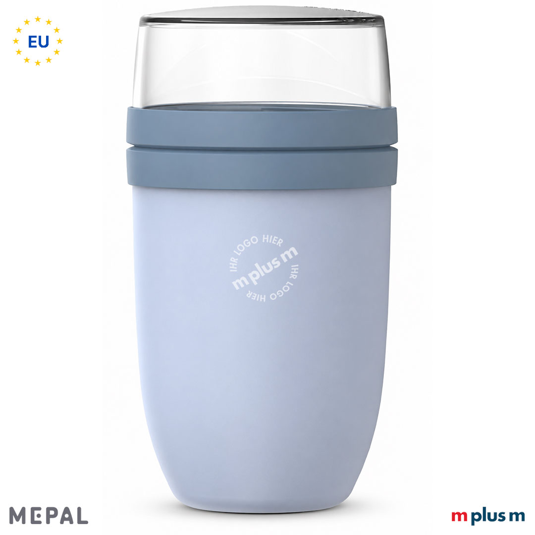 Großer Mepal XL Müslibecher Ellipse in Hellblau mit Logo Druck