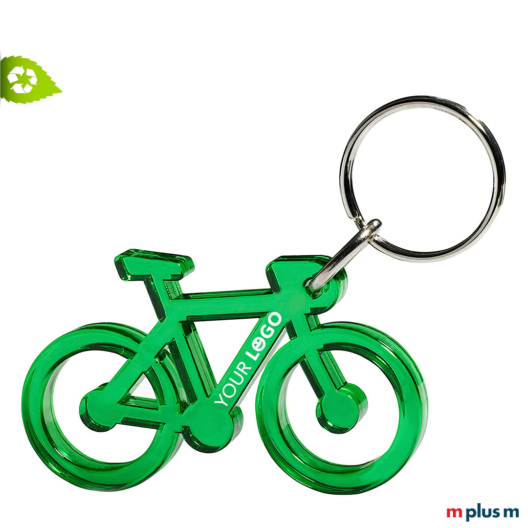 Schöner und hochwertiger Fahrrad Schlüsselanhänger in transparent grün. 80 % Recycling. Aus Europa und mit Logo zu bedrucken.