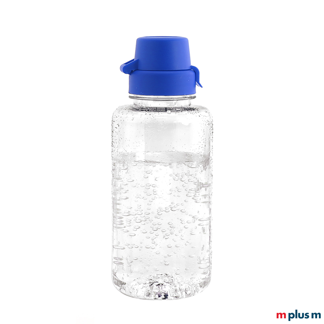 Transparente Sport Trinkflasche mit blauem Deckel 