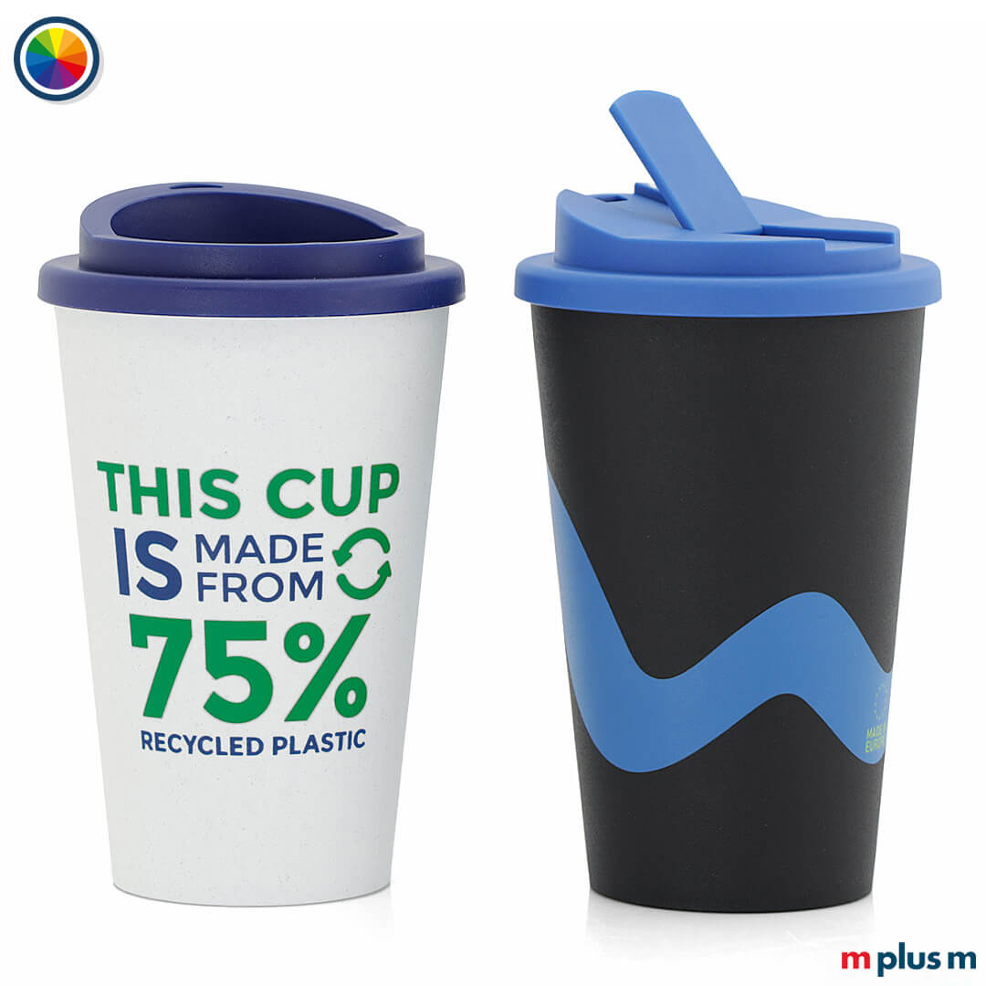 Recycling-Thermobecher-Blue-Coffeeshop Schön und nachhaltig: Recycling Coffee To Go Thermobecher als Werbeartikel aus Europa