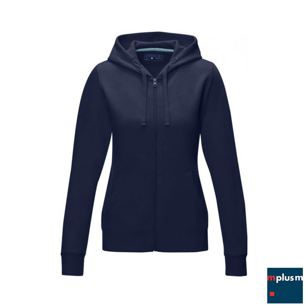 Dunkelblauer-Ziphoodie-Ruby-als-nachhaltiger-Werbeartikel-mit-Logo-bedrucken-RE Sweajacke mit Kapuze navy. Als Werbemittel