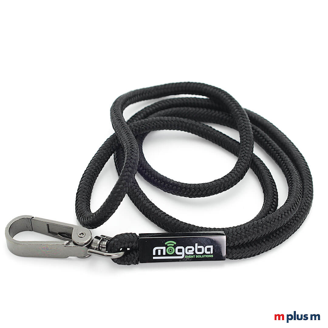 Premium Lanyard Werbeartikel MOG Premium Kordel Lanyard mit schwarzer Paracord Kordel, hochwertigem Karabiner und schwarzer Metalhülse mit Logo Druck