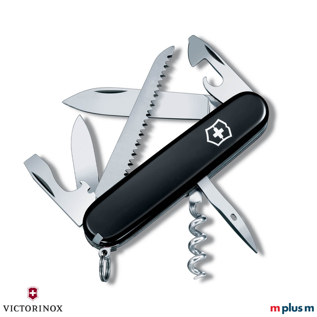 Victorinox Camper in der Farbe schwarz ausgeklappt Nachhaltiger Werbeartikel: Victorinox Outdoor Messer Camper mit Logo Druck
