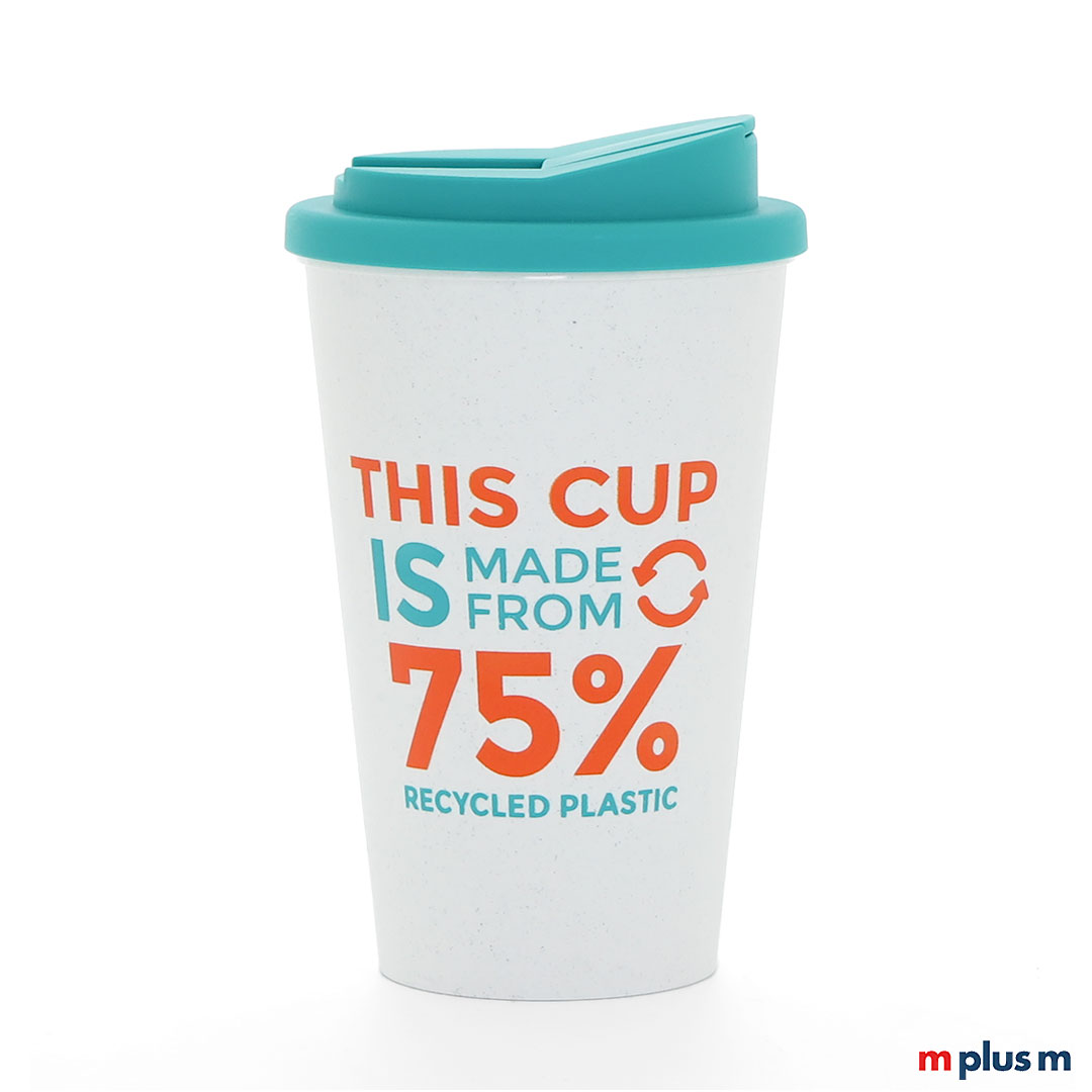 Nachhaltiger Coffee To Go Thermobecher Blue Coffee Shop aus Europa. 75 % Recycling Plastik. Rundum zu bedrucken