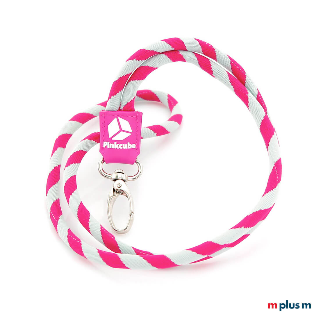Pinkcube Tube Lanyard Kordel Schlüsselband in Sonderfarben mit Logo auf Gummi Badge als Giveaway