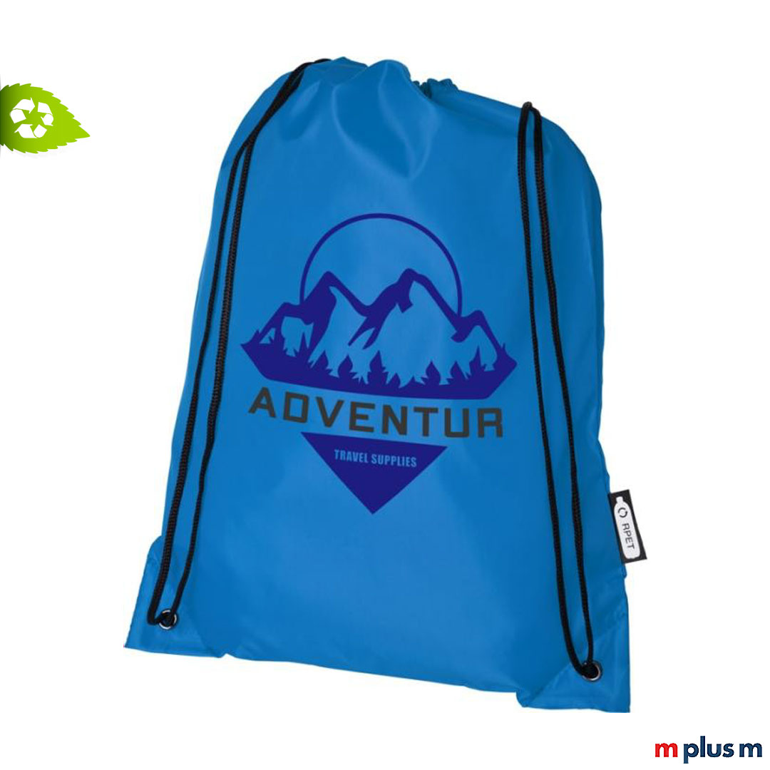 Blaue Gymtasche Oriole bedruckt mit Logo zum Umhängen für unterwegs