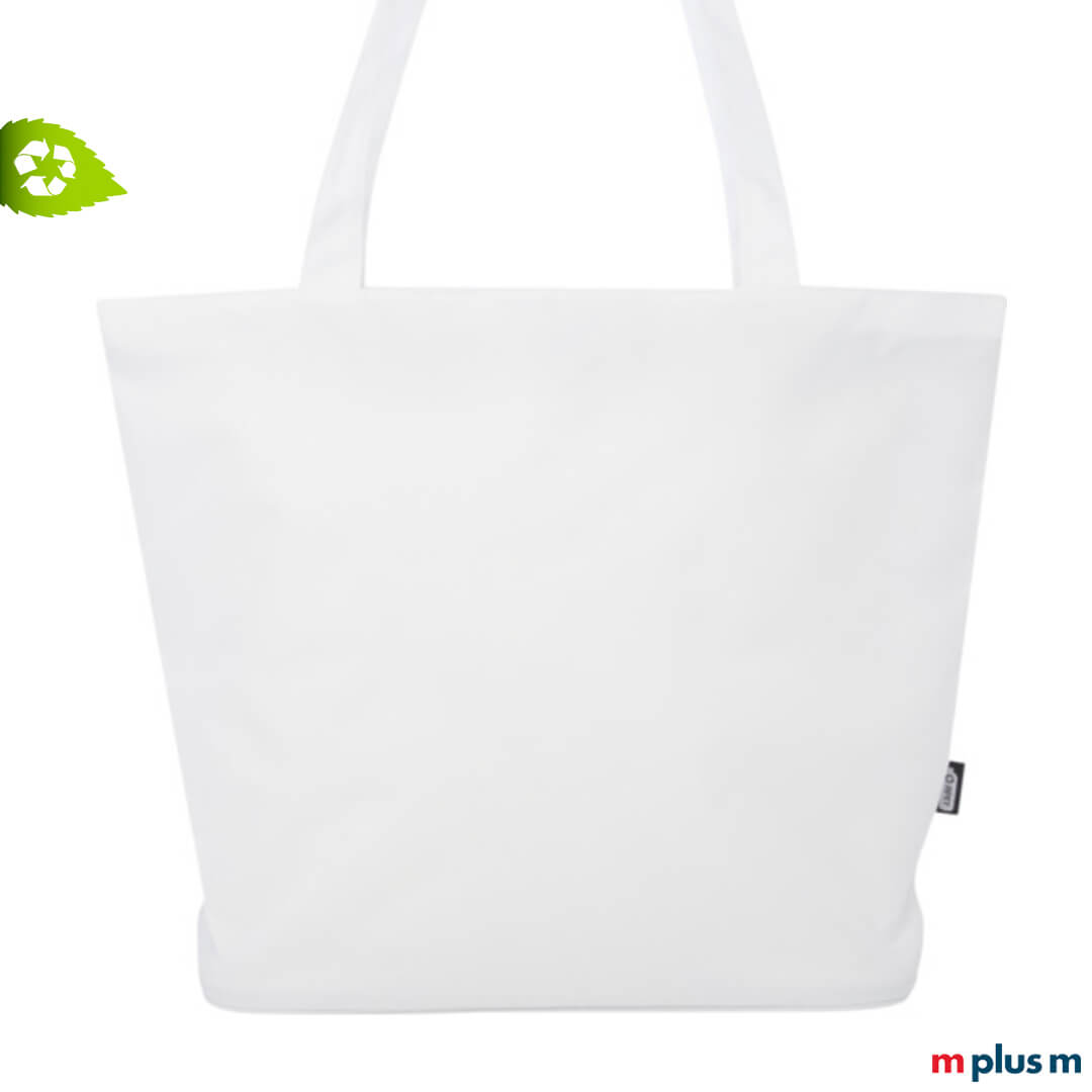 Weißer Shopper aus recycling Material mit Logodruck als nachhaltiges Werbegeschenk Weißer Shopper aus recycling Material mit Logodruck als nachhaltiges Werbegeschenk