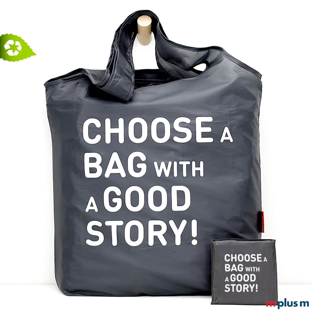 Schwarze Recycling Shopper Falttasche mit Logo bedrucken Schwarze Recycling Shopper Falttasche mit Logo bedrucken