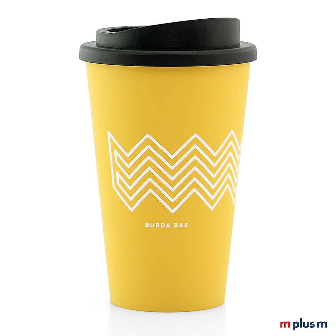 Gelber Thermobecher Coffee Shop mit dicht sitzendem Schraubdeckel. Rundum einfarbig mit Logo und Motiv zu bedrucken. Aus Europa.
