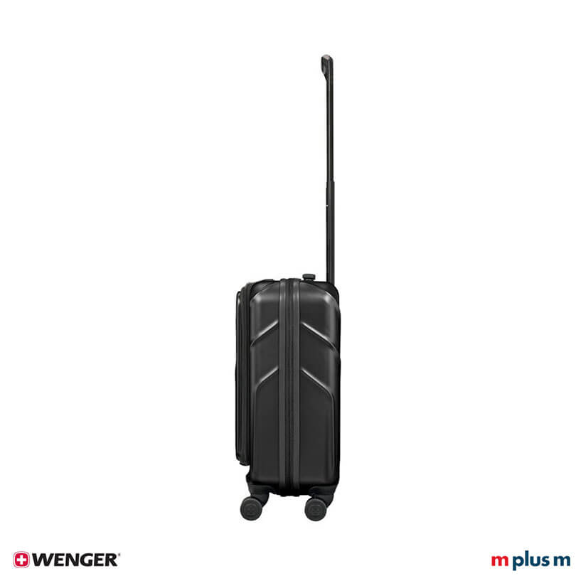 Wenger Amplix Handgepäckkoffer schwarz mit USB-C Ladeanschluss und leicht laufenden Doppelrollen, hochwertiger Business Trolley mit Logo Druck