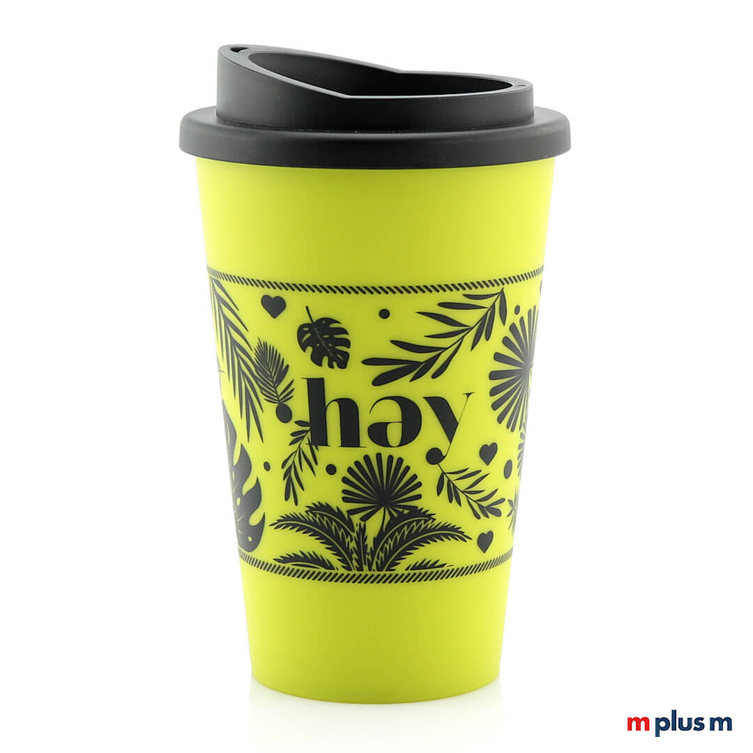 Coffee-To-Go-Mehrweg-Becher-Werbeartikel Grüner Thermobecher aus Europa komplett bedrucken. Spülmaschinenfest. 100% recycelbar. Ab 50 Stück.