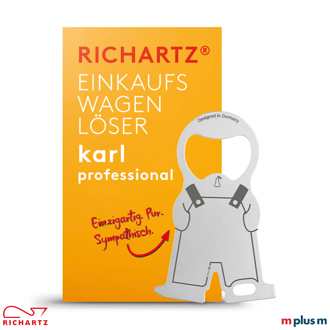 Richartz Karl Schlüssel Anhänger zum bedrucken mit persönlichem Logo Motiv Die Klappkarte als Einzelverpackung für den Einkaufswagenlöser karl professional als Streuartikel