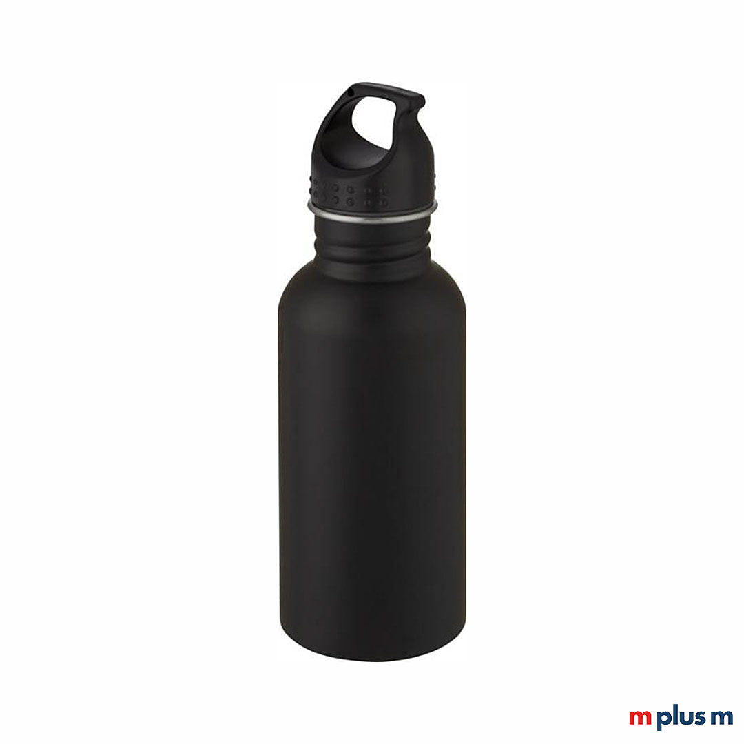 Die schwarze Edelstahl Flasche 'Luca' hat einen Schraubdeckel mit praktischem Tragegriff. Ab einer Menge von 50 Stück können Sie die Thermosflasche bedrucken lassen