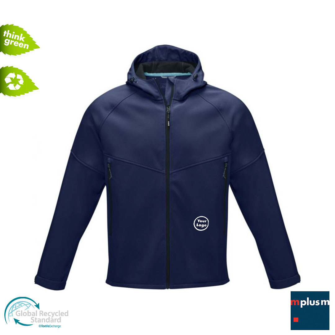 Dunkelblaue Softshell Jacke. Nachhaltiger Werbeartikel aus Recycling Material mit Firmen Logo