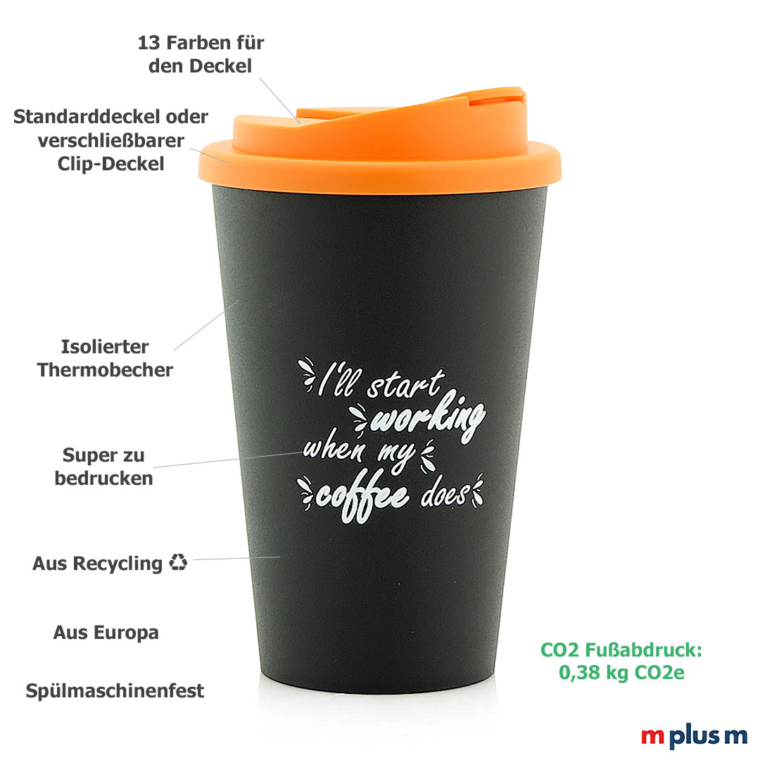 Nachhaltig und thermoisoliert: Recycling Kaffeebecher aus Europa mit Logo bedrucken.