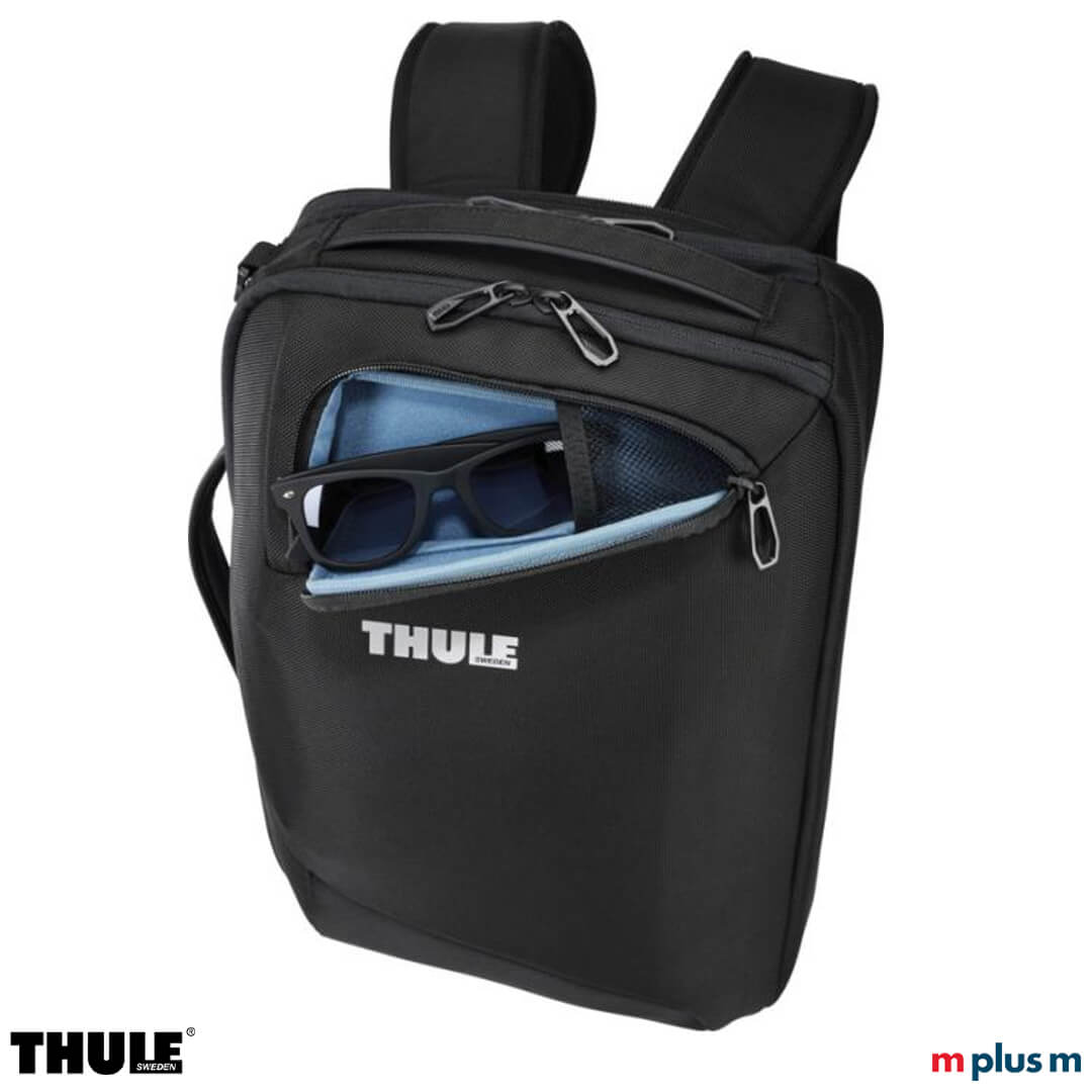 Thule-Accent-17l-nachaltiger-Rucksack-fuer-unterwegs-aus-recycling-Material-bedruckt-mit-Motiv-zum-verschenken-als-Kundengeschenk Thule Rucksack mit versteckter Innentasche für Telefon, Sonnenbrille und andere Wertgegenstände. Notebookrucksack mit Logo Motiv bedrucken als nachhaltiges Giveaway