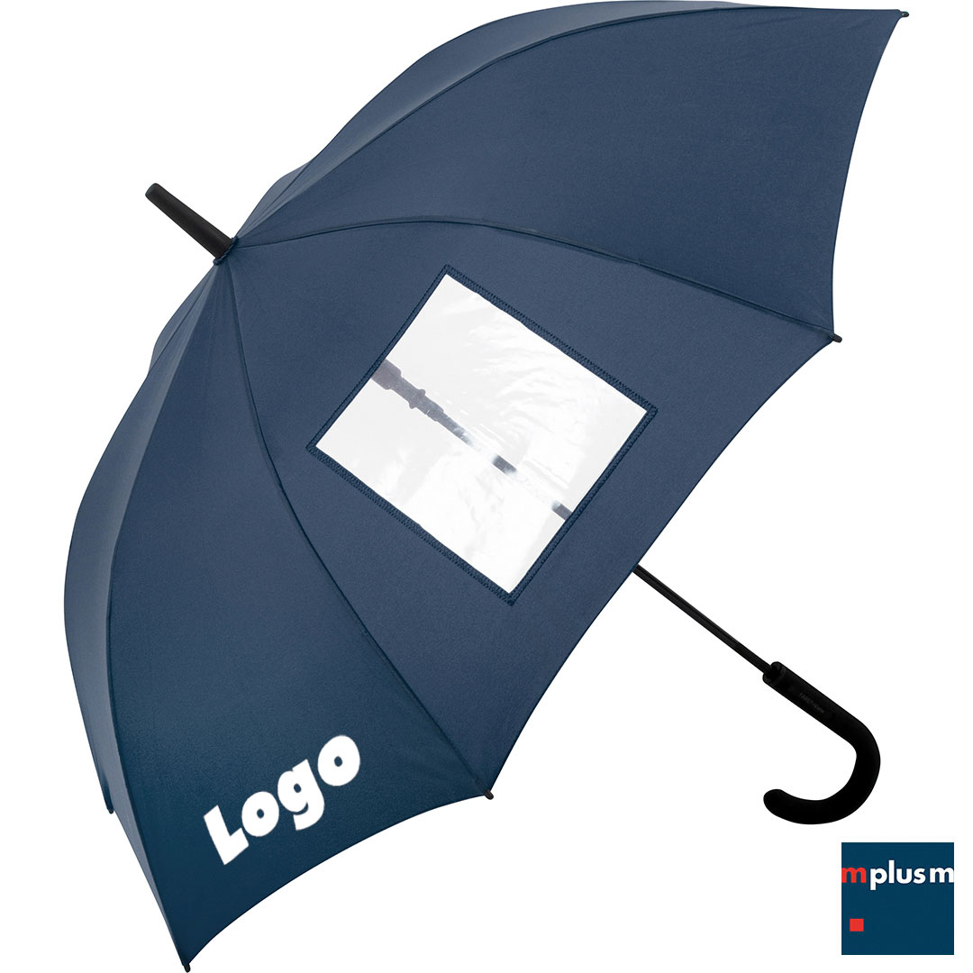 Werbeartikel blauer Schirm mit Sichtfenster. Mit Logo zu bedrucken.
