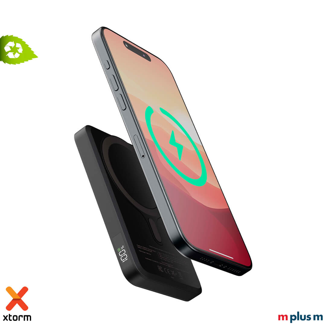 Xtorm MagSafe Powerbank 5000 mAh ab iPhone 12 mit LED Anzeige und kabellosem Laden, ideal für Logo Branding