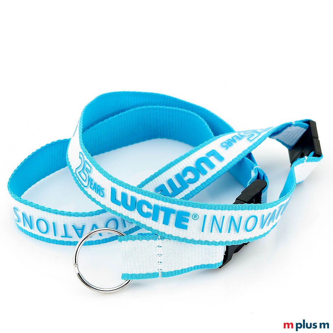 3D Logo Lanyard LUC Weisses Lanyard mit blauem Rand und 3D Logo Druck