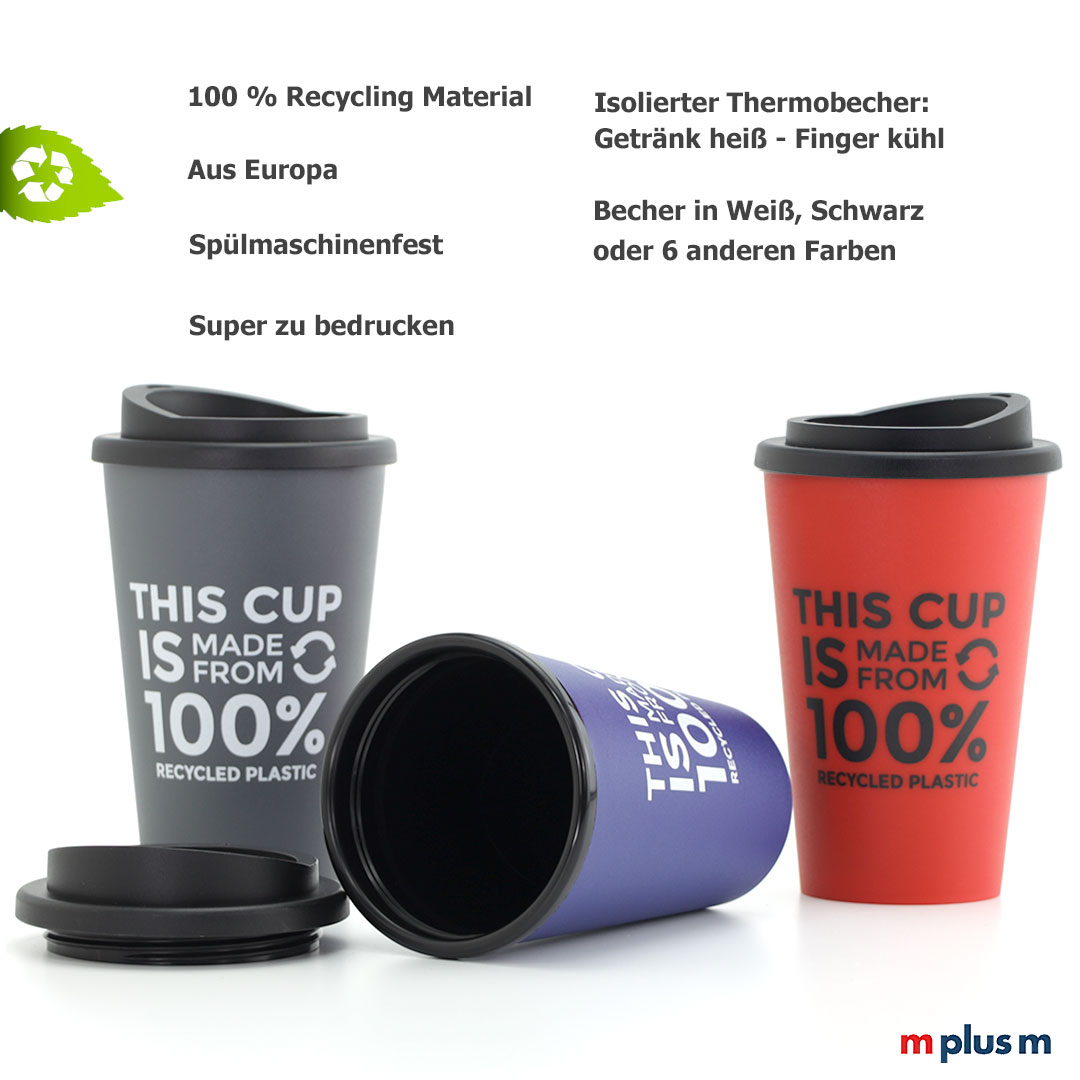 Schön, preiswert und nachhaltig: der Green Coffee Shop Thermobecher aus 100% Recycling Material, hergestellt in Europa