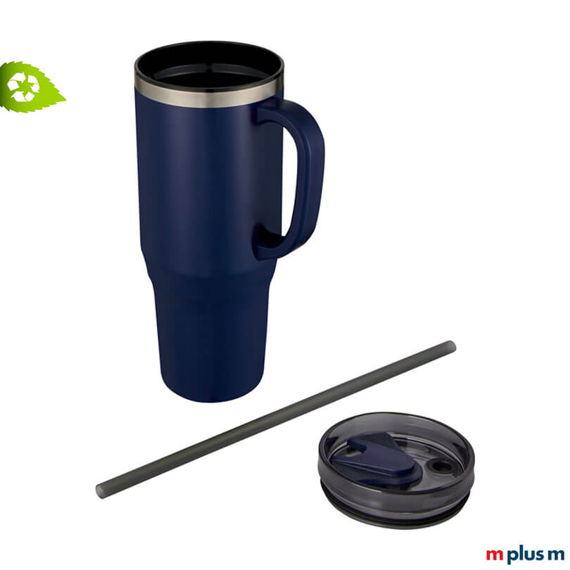 Miami Isolierbecher XXL Halm Blau Preiswerter XXL Thermobecher Miami mit Strohhalm als Werbegeschenk in Blau